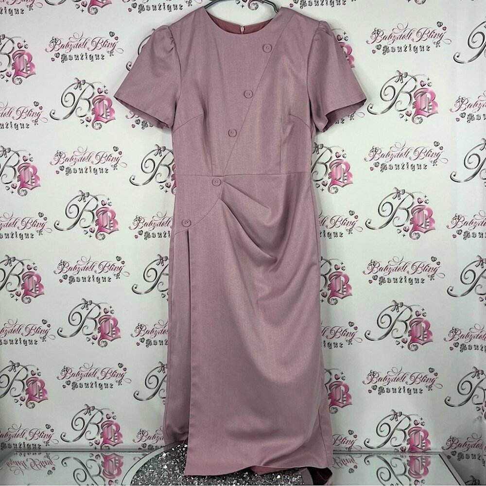 Gumac dress buttons cinched retro classic purple pink Mauve Midi dress